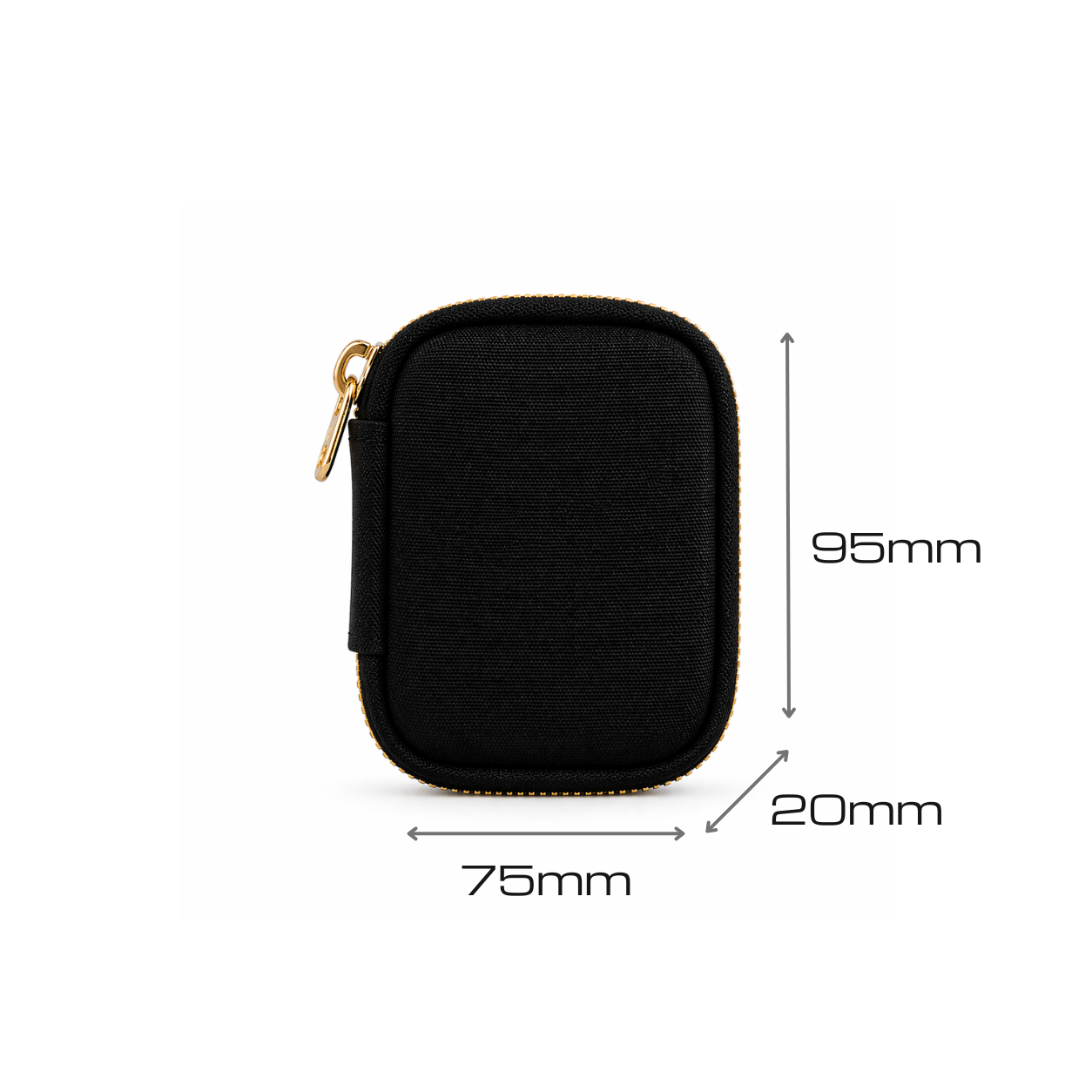 FirmGuards MKP J-Swag Micro Kit Pouch in black Cordura with gold zipper, front view showing dimensions 95mm height, 75mm width, and 20mm depth