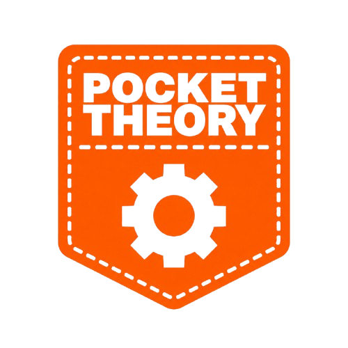 An orange shield-shaped graphic with white dashed border lines, the text 'POCKET THEORY' in bold white letters, and a white gear icon below, set against a solid black background.