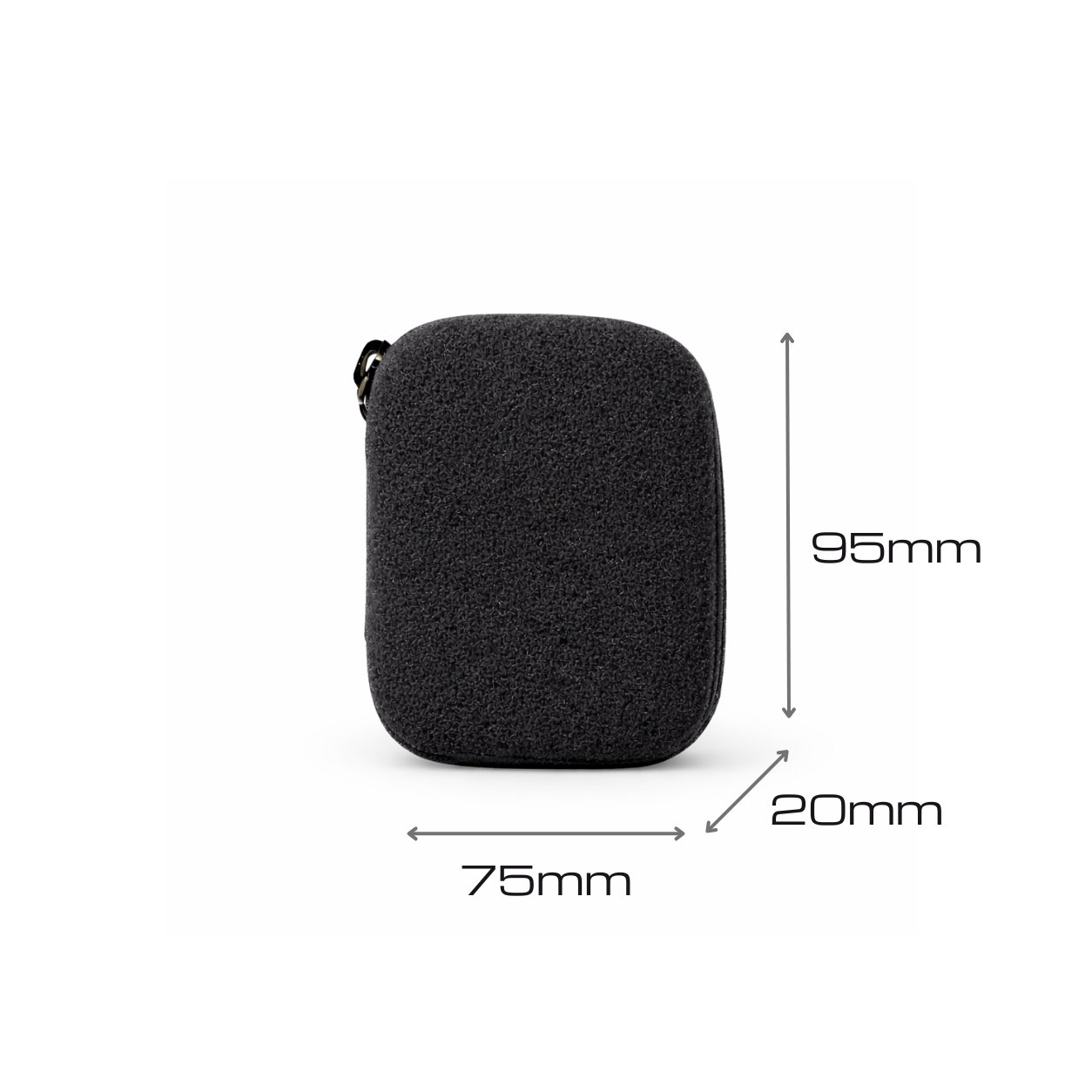 FirmGuards MKP Geek Series Micro Kit Pouch in black Cordura with hook and loop front panel, front view with dimensions 95mm height, 75mm width, and 20mm depth shown