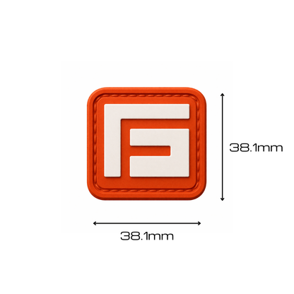 FirmGuards icon PVC morale patch in orange square design with raised FG logo shown with 38.1 millimeter dimensions on a clean white background