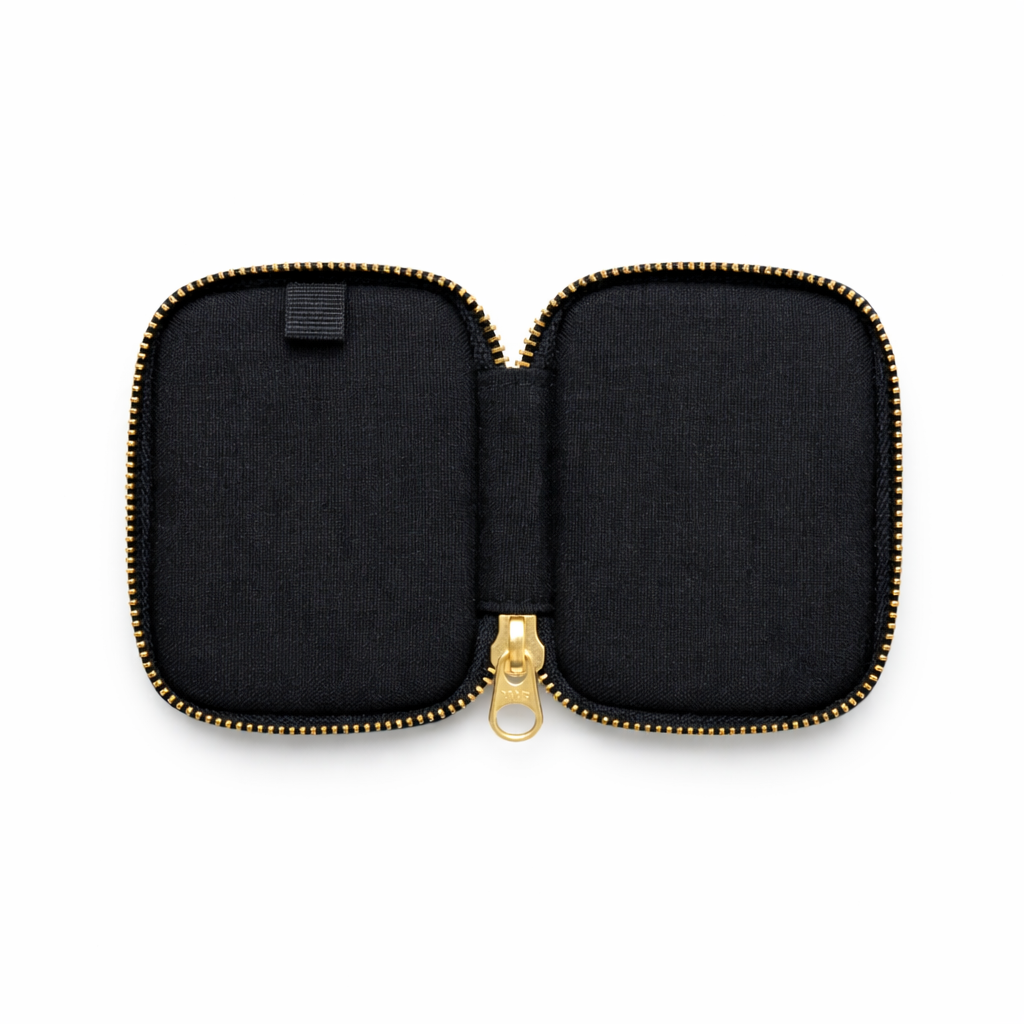 FirmGuards MKP Micro Kit Pouch J Swag edition open view featuring black Cordura body with gold YKK zipper and minimalist design