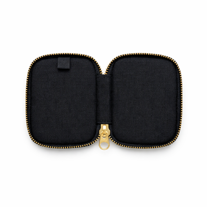 FirmGuards MKP Micro Kit Pouch J Swag edition open view featuring black Cordura body with gold YKK zipper and minimalist design