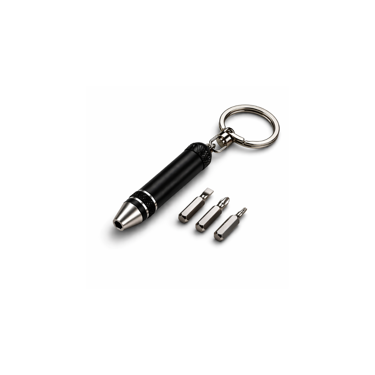 Compact mini screwdriver keychain EDC tool in black aluminum with three interchangeable steel bits, lightweight everyday carry repair tool