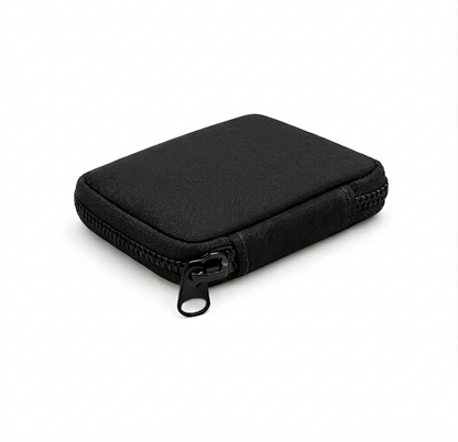 Compact black EDC pouch made from Cordura fabric with matte black zipper, shown in angled front view on a clean white background