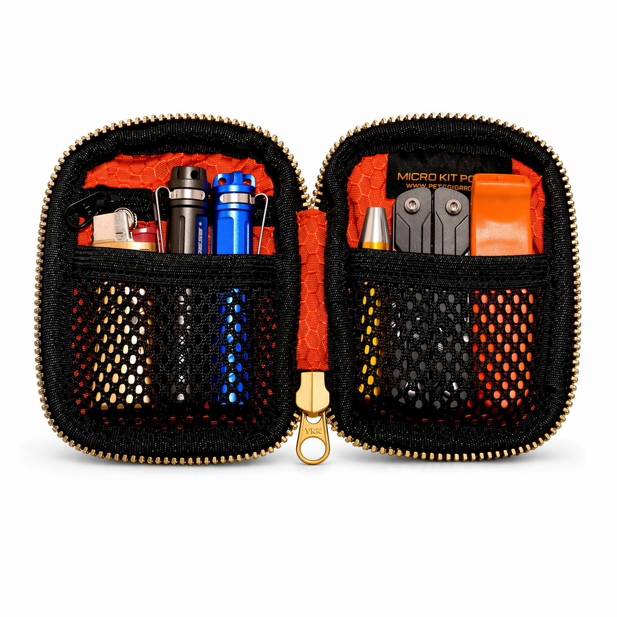 Firmuards MKP Micro Kit Pouch J Swag Series in black Cordura with full gold zipper rails and pull shown open with orange interior and mesh compartments holding compact everyday carry gear including flashlight tools and accessories