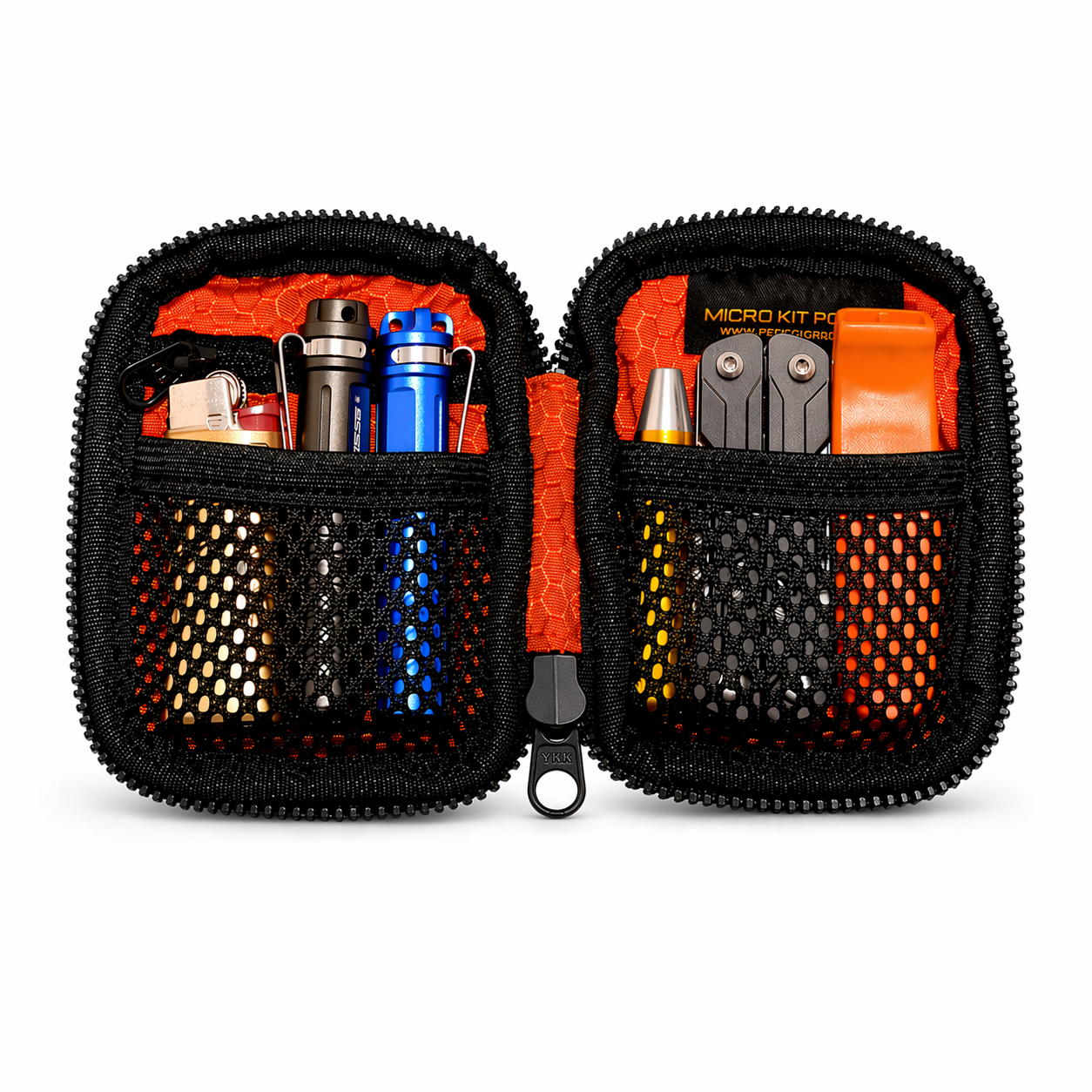 FirmGuards MKP Micro Kit Pouch Stealth Series in blacked out Cordura shown open with bright orange interior and mesh compartments holding compact everyday carry gear including tools, flashlight, and accessories