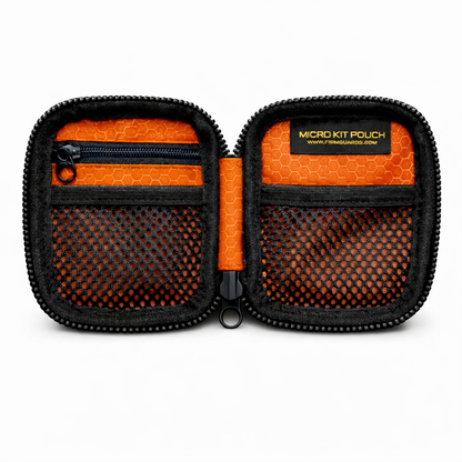 FirmGuards Micro Kit Pouch Stealth Series Blacked Out edition open view with all black zippers orange interior and dual mesh compartments on white background
