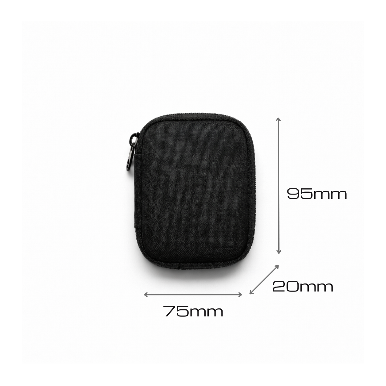 FirmGuards MKP Stealth Series Micro Kit Pouch in blacked out Cordura with black zipper, front view showing dimensions 95mm height, 75mm width, and 20mm depth