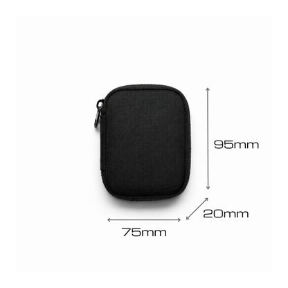 FirmGuards MKP Stealth Series Micro Kit Pouch in blacked out Cordura with black zipper, front view showing dimensions 95mm height, 75mm width, and 20mm depth