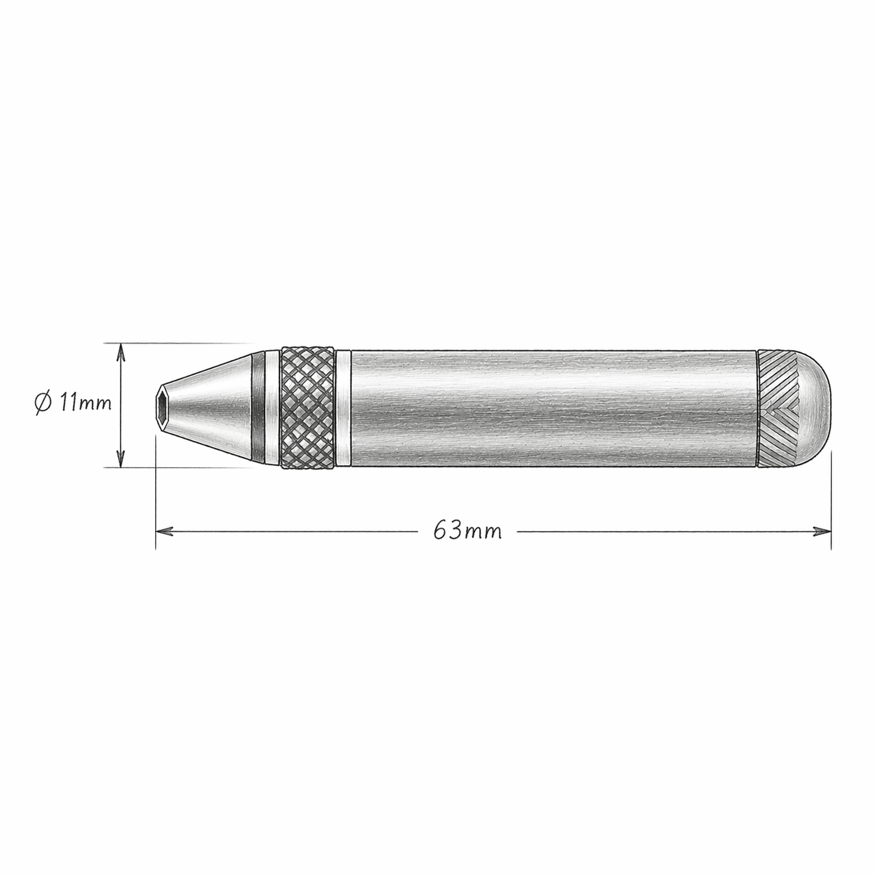 technical pencil drawing of a slim micro screwdriver showing 63mm length and 11mm diameter with side profile view