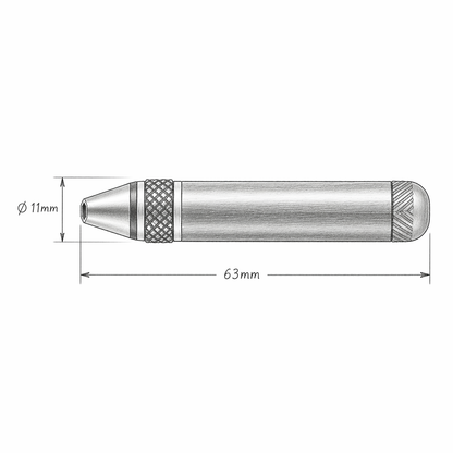 technical pencil drawing of a slim micro screwdriver showing 63mm length and 11mm diameter with side profile view