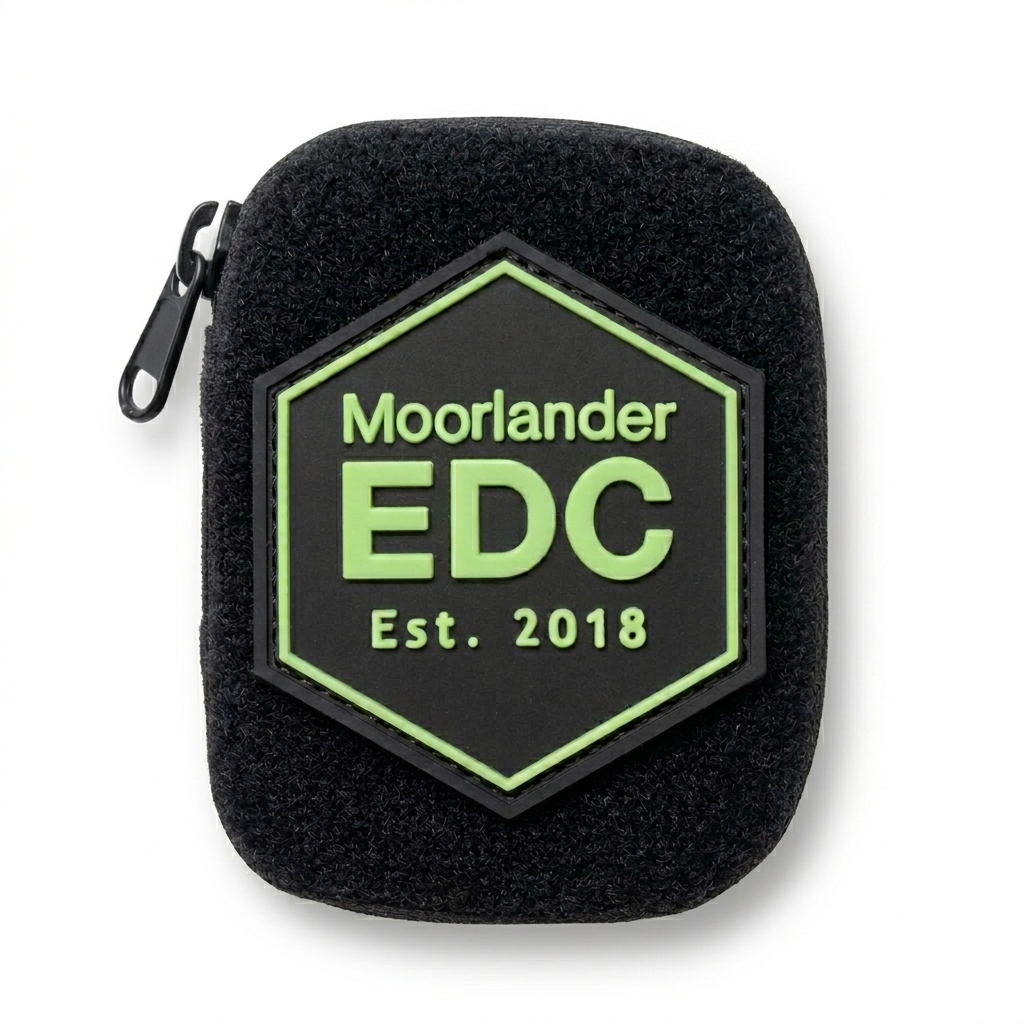 Black Cordura micro EDC pouch with hook and loop front panel featuring a black and neon green Moorlander EDC hexagon PVC patch, front facing on a white background.
